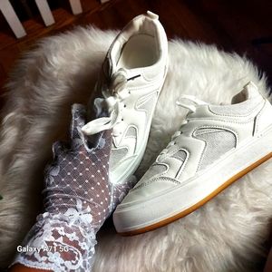 All White Lace Up Front Skate Sneaker Shoes with Custom Black Cosmic Tee Combo